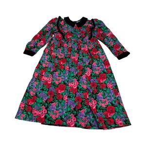 Vintage Simi Girls Floral Velvet Trim Party Dress Red Purple Green‎ Size 6X USA